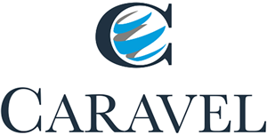 Caravel Group logo, C icon with blue swirls and text